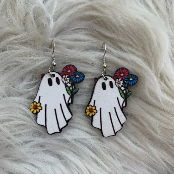 Floral Ghost Dangling Earrings - Picture 2 of 2